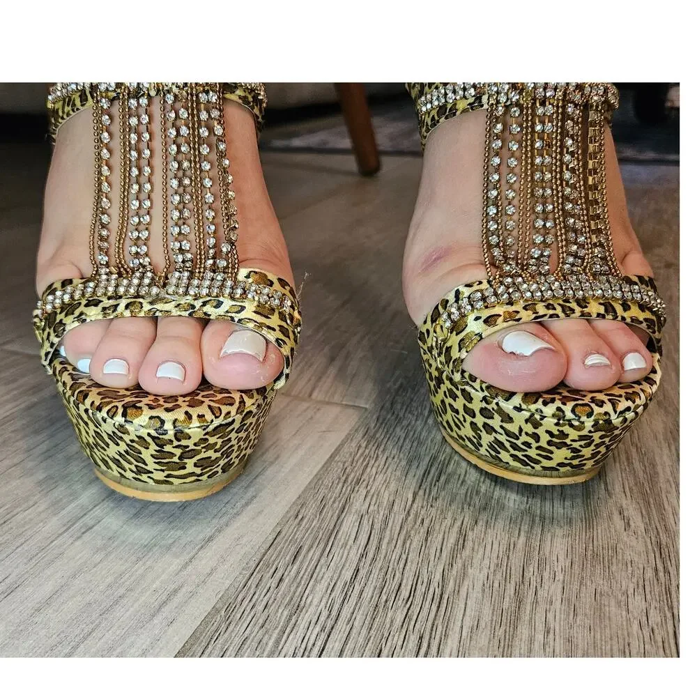 Amugguccil 39/8-8.5 Leopard Print High Heels Gold Rhinestone Chains Platform J77